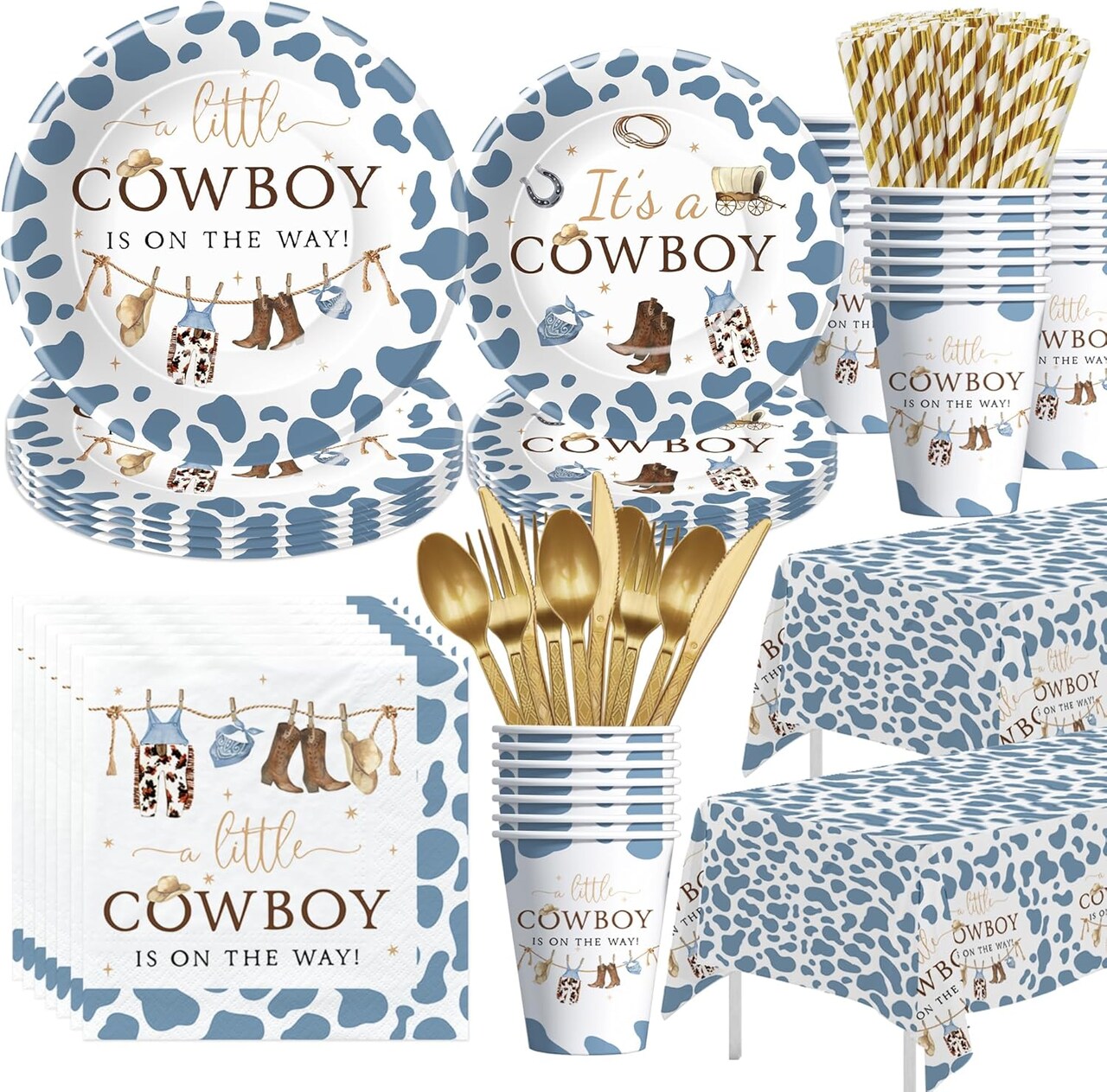 Western Cowboy Baby Shower Tableware Set – Party Supplies for 24 Guests (Blue)